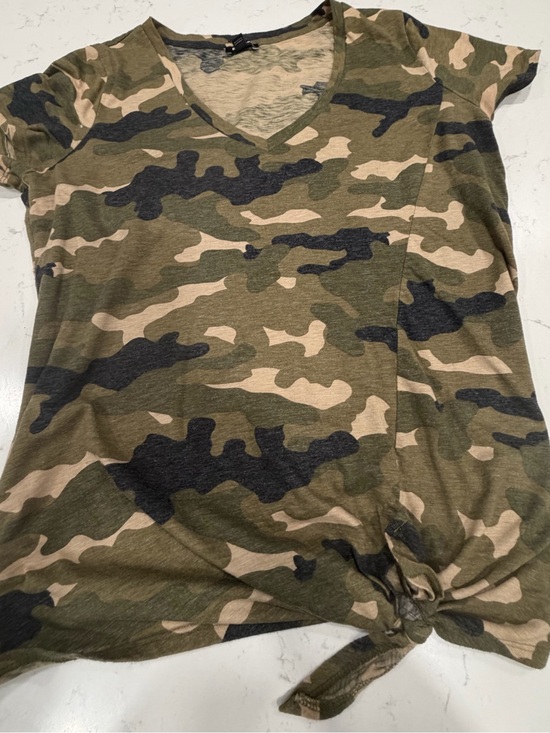 Express Tops - Express Olive, Tan and Black Camo V-Neck Tie-Front Tee